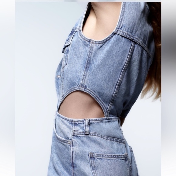 NWOT Zara Wide leg Cutout Denim Jumpsuit 26 - Picture 6 of 11